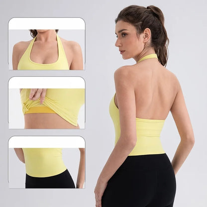 Women’s Halter Neck Backless Workout Tank with Built-In Bra – Seamless Yoga & Running Top