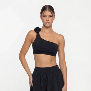 SculptFit One-Shoulder Sports Bra with 3D Floral Detail
