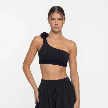 SculptFit One-Shoulder Sports Bra with 3D Floral Detail