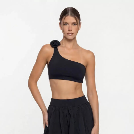SculptFit One-Shoulder Sports Bra with 3D Floral Detail
