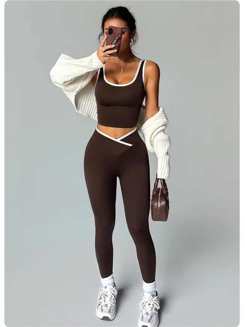 Gym Set Sports Two Pices Suit Fitness Vest Contrasting Color High Waist Leggings Sportswear Running Training Yoga Clothing