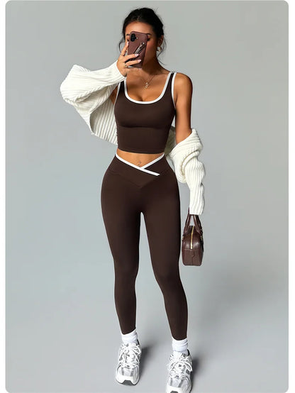 Gym Set Sports Two Pices Suit Fitness Vest Contrasting Color High Waist Leggings Sportswear Running Training Yoga Clothing