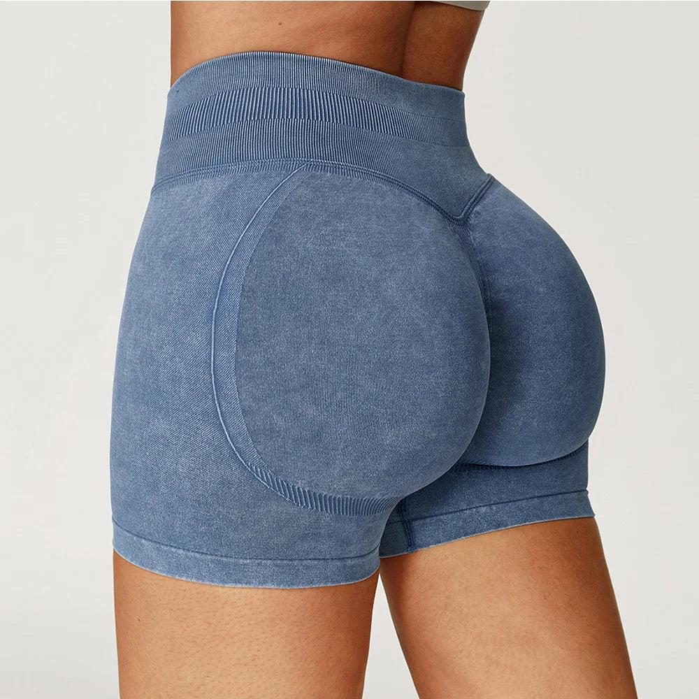 Women’s High Waist Sand Washed Gym Shorts – Sculpt & Lift Fit
