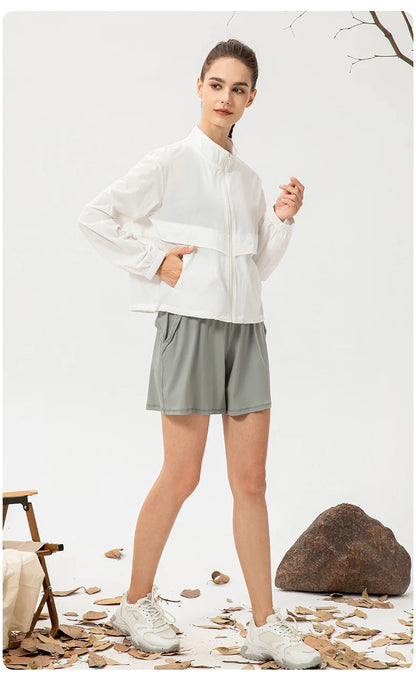 Women Loose Sports Wind Jacket Zip Up Stand Collar Lightweight Outdoor Yoga Running Fitness Workout Coat