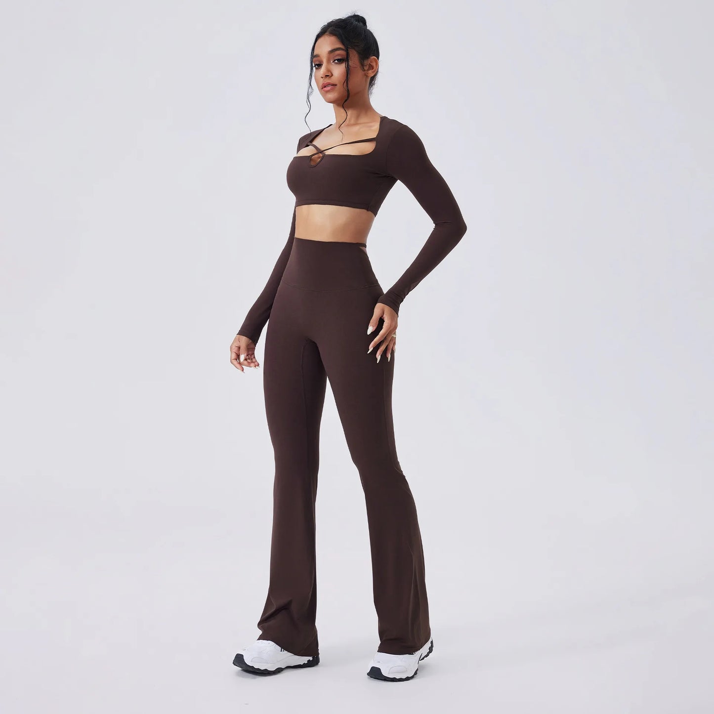 Women’s SculptFit Yoga Set – Long Sleeve Top & High-Waist Flared Pants (2-Piece Activewear)