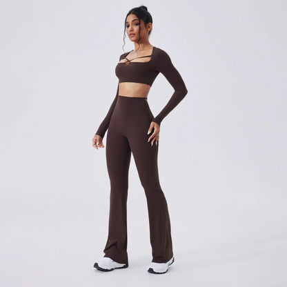 Women’s SculptFit Yoga Set – Long Sleeve Top & High-Waist Flared Pants (2-Piece Activewear)