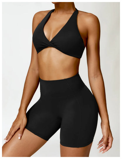 SculptFit Halter Sports Bra – Open Back Push-Up Gym Top