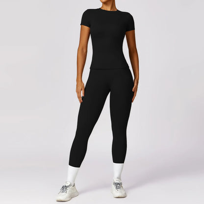Seamless Women’s Yoga Set – Short Sleeve Top & Sculpting High-Waist Leggings Activewear