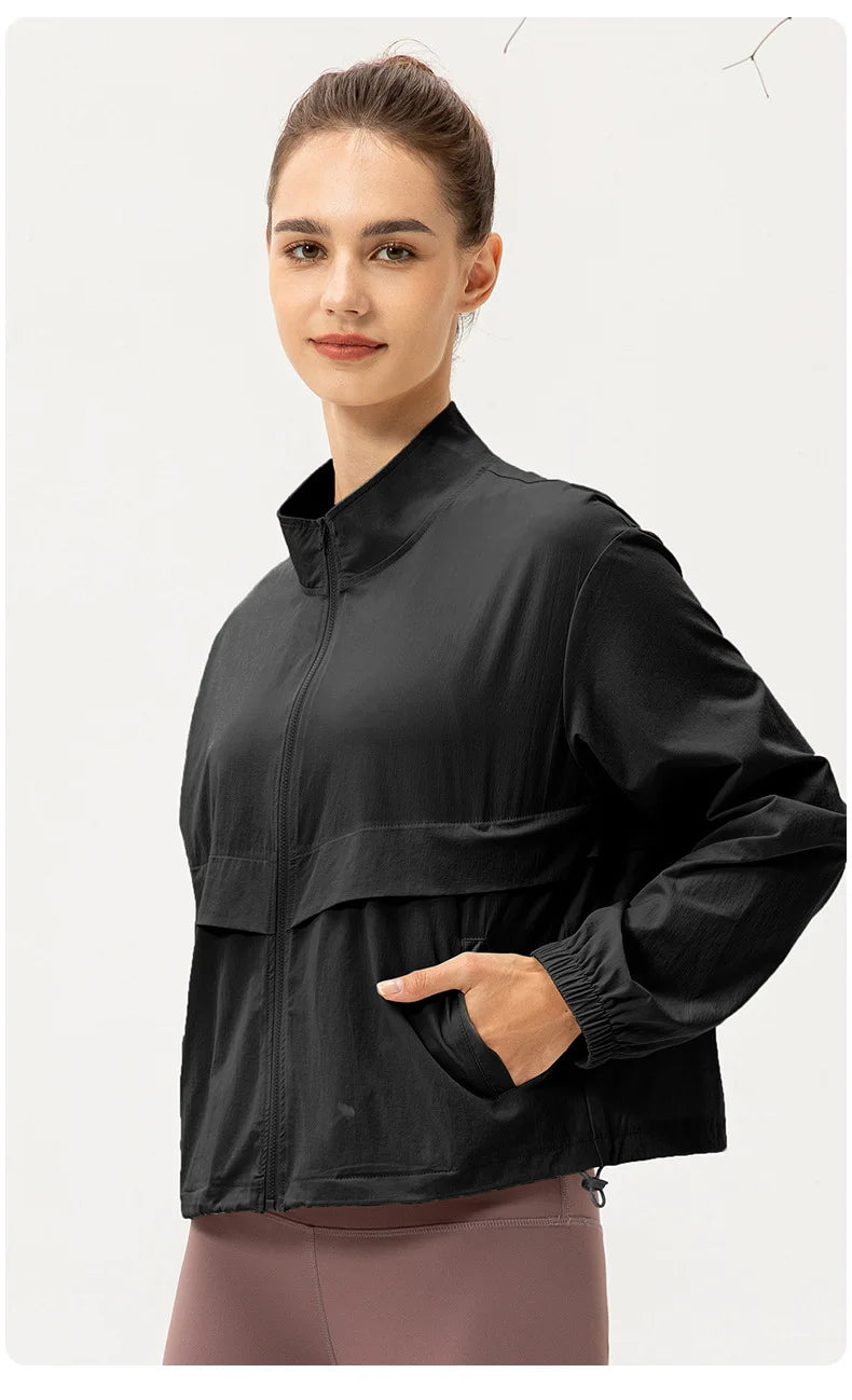 Women Loose Sports Wind Jacket Zip Up Stand Collar Lightweight Outdoor Yoga Running Fitness Workout Coat