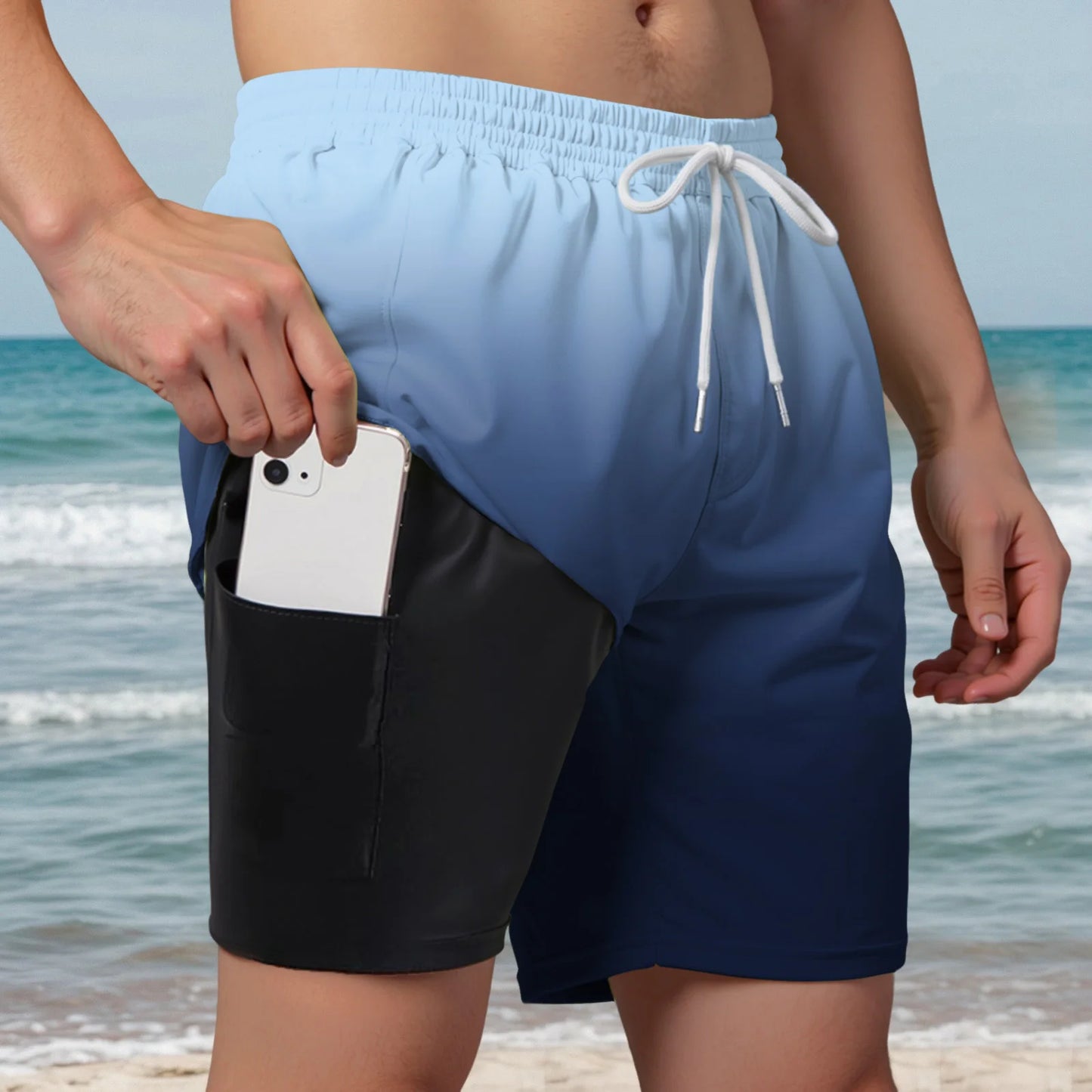 Men’s Double Layer Swim Trunks – Quick-Dry Gradient Shorts with Built-in Compression Liner