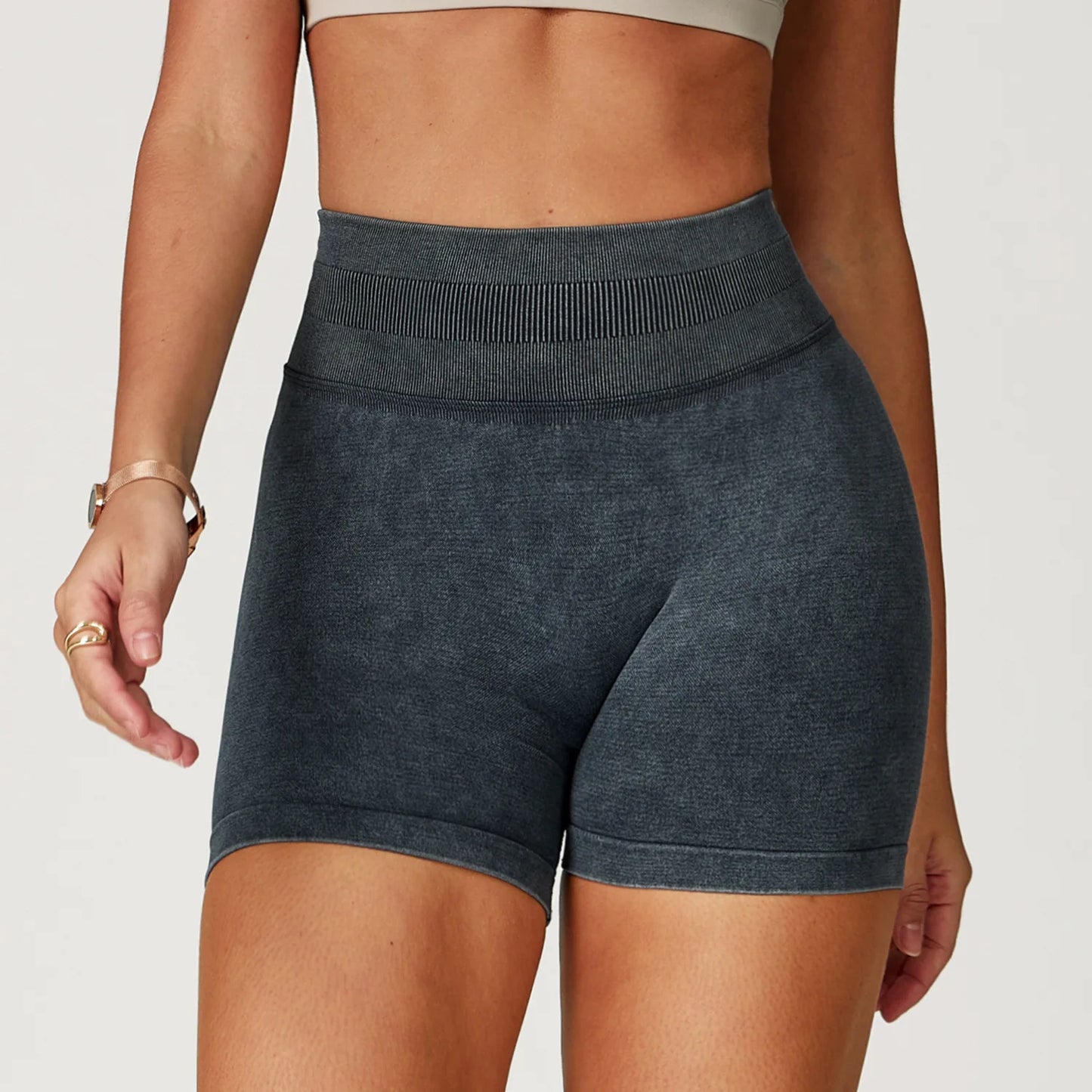Women’s High Waist Sand Washed Gym Shorts – Sculpt & Lift Fit