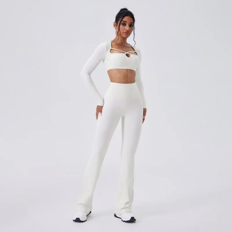 Women’s SculptFit Yoga Set – Long Sleeve Top & High-Waist Flared Pants (2-Piece Activewear)