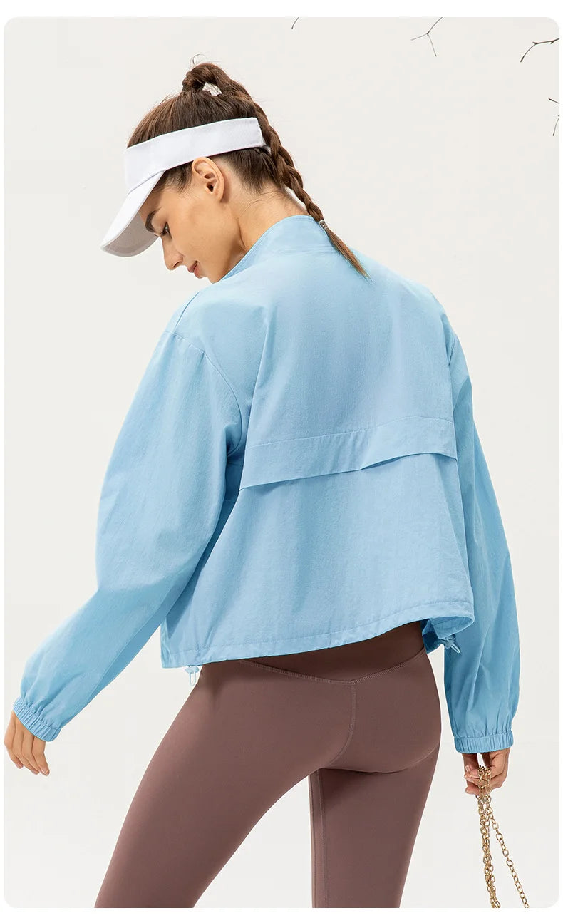 Women Loose Sports Wind Jacket Zip Up Stand Collar Lightweight Outdoor Yoga Running Fitness Workout Coat