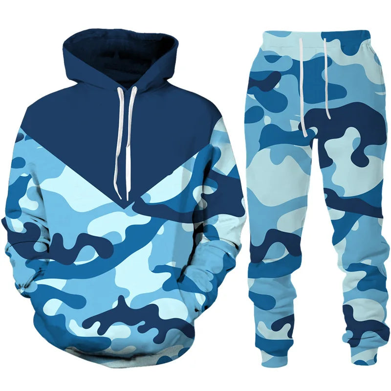 Men's Camouflage Hoodie Pant Suit 3D Print Hooded Sweatshirt Casual Outdoor Tracksuit Outfits Oversized Men's Clothing 2pcs Sets