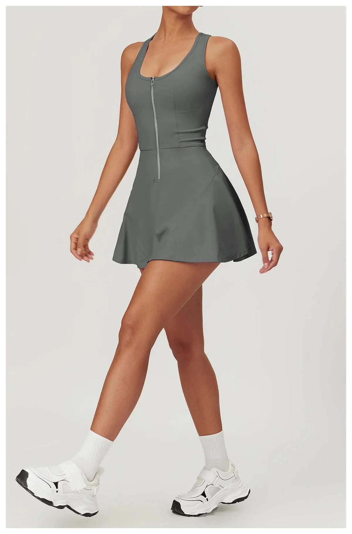 Women’s 2-in-1 Tennis Dress & Shorts Set – Sleeveless Half Zip Workout & Running Outfit