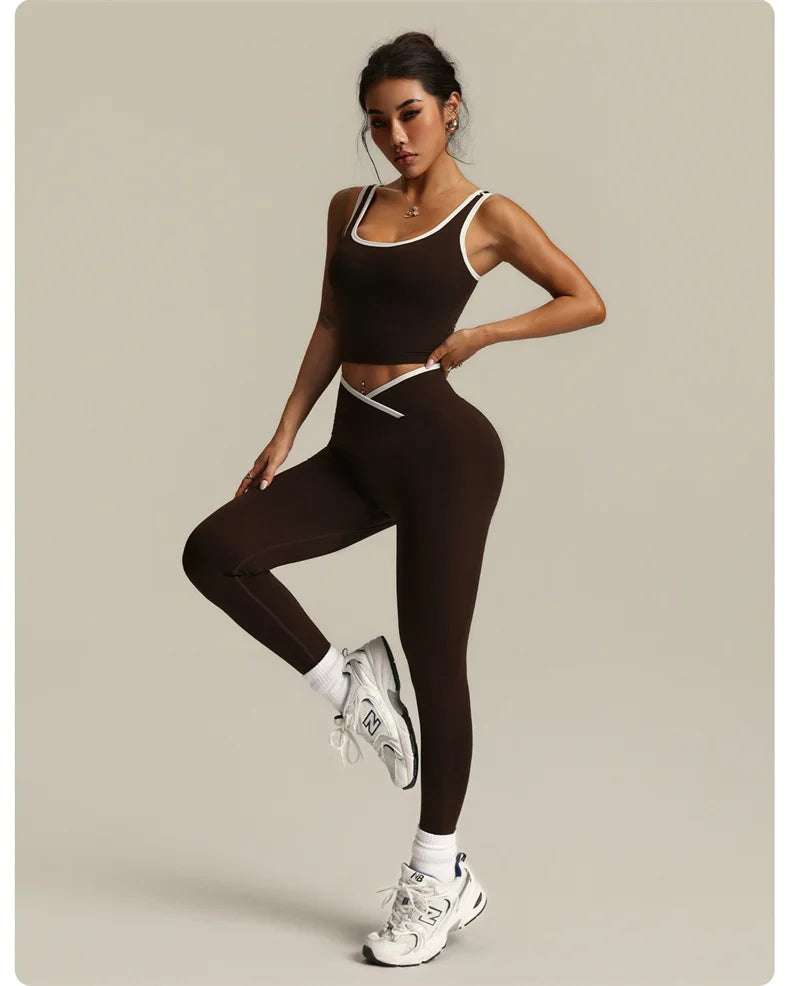 Gym Set Sports Two Pices Suit Fitness Vest Contrasting Color High Waist Leggings Sportswear Running Training Yoga Clothing