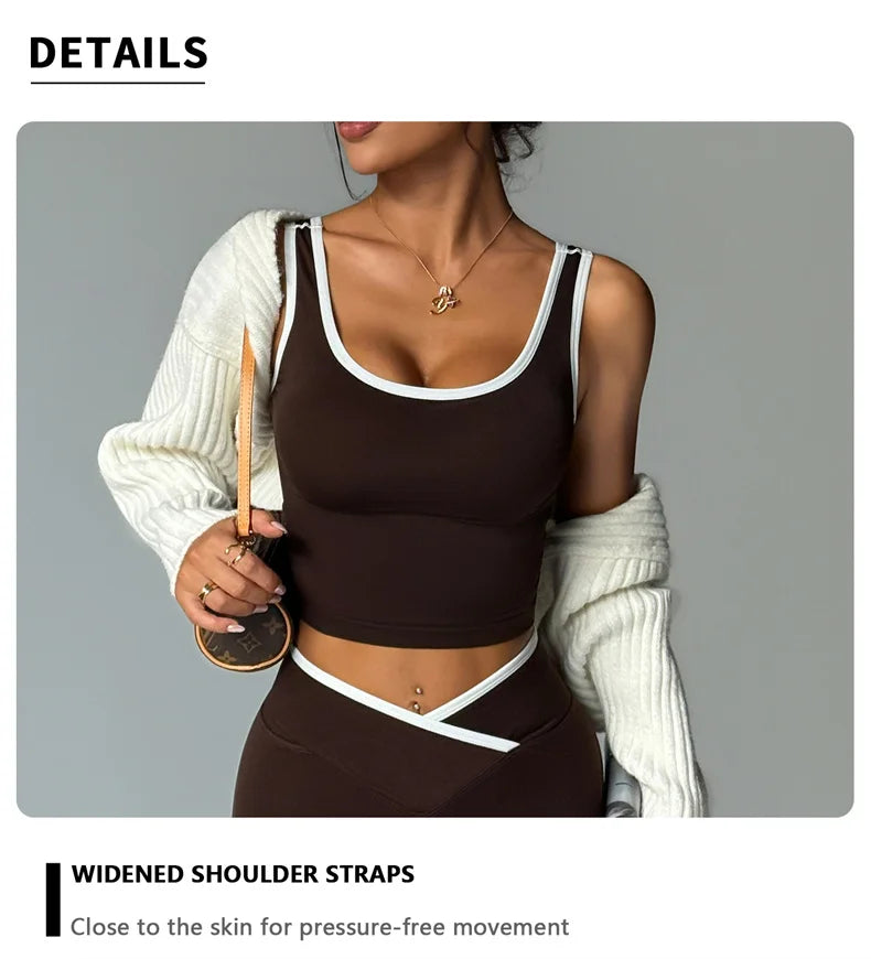 Gym Set Sports Two Pices Suit Fitness Vest Contrasting Color High Waist Leggings Sportswear Running Training Yoga Clothing