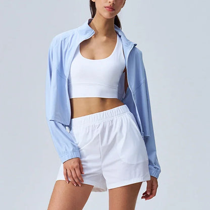 Women's Athletic Workout Running Track Full Zip Cropped Jackets UPF 50+ Sun Protection Long Sleeve Workout Shirts Yoga Gym Top