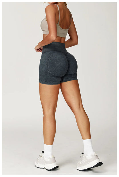 Women’s High Waist Sand Washed Gym Shorts – Sculpt & Lift Fit
