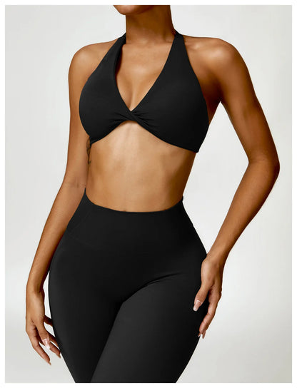 SculptFit Halter Sports Bra – Open Back Push-Up Gym Top
