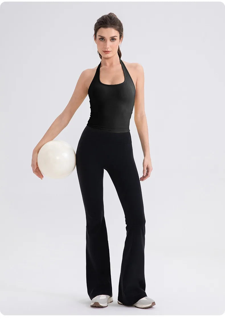 Women’s Halter Neck Backless Workout Tank with Built-In Bra – Seamless Yoga & Running Top