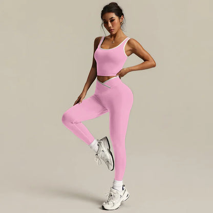 Gym Set Sports Two Pices Suit Fitness Vest Contrasting Color High Waist Leggings Sportswear Running Training Yoga Clothing