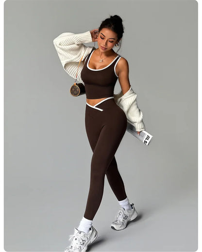 Gym Set Sports Two Pices Suit Fitness Vest Contrasting Color High Waist Leggings Sportswear Running Training Yoga Clothing