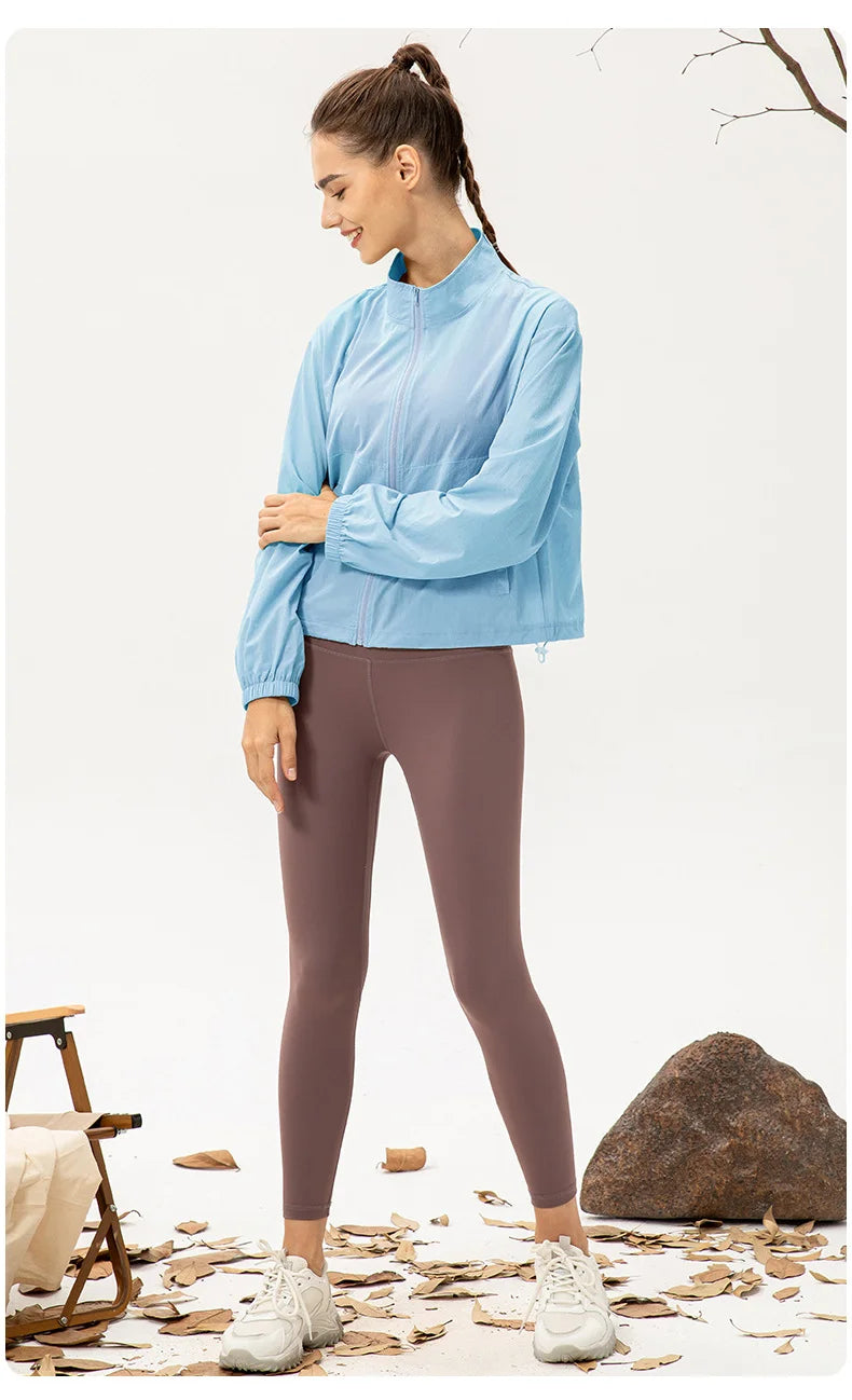 Women Loose Sports Wind Jacket Zip Up Stand Collar Lightweight Outdoor Yoga Running Fitness Workout Coat