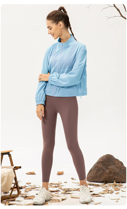 Women Loose Sports Wind Jacket Zip Up Stand Collar Lightweight Outdoor Yoga Running Fitness Workout Coat