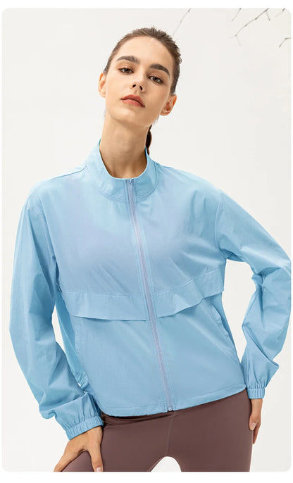 Women Loose Sports Wind Jacket Zip Up Stand Collar Lightweight Outdoor Yoga Running Fitness Workout Coat