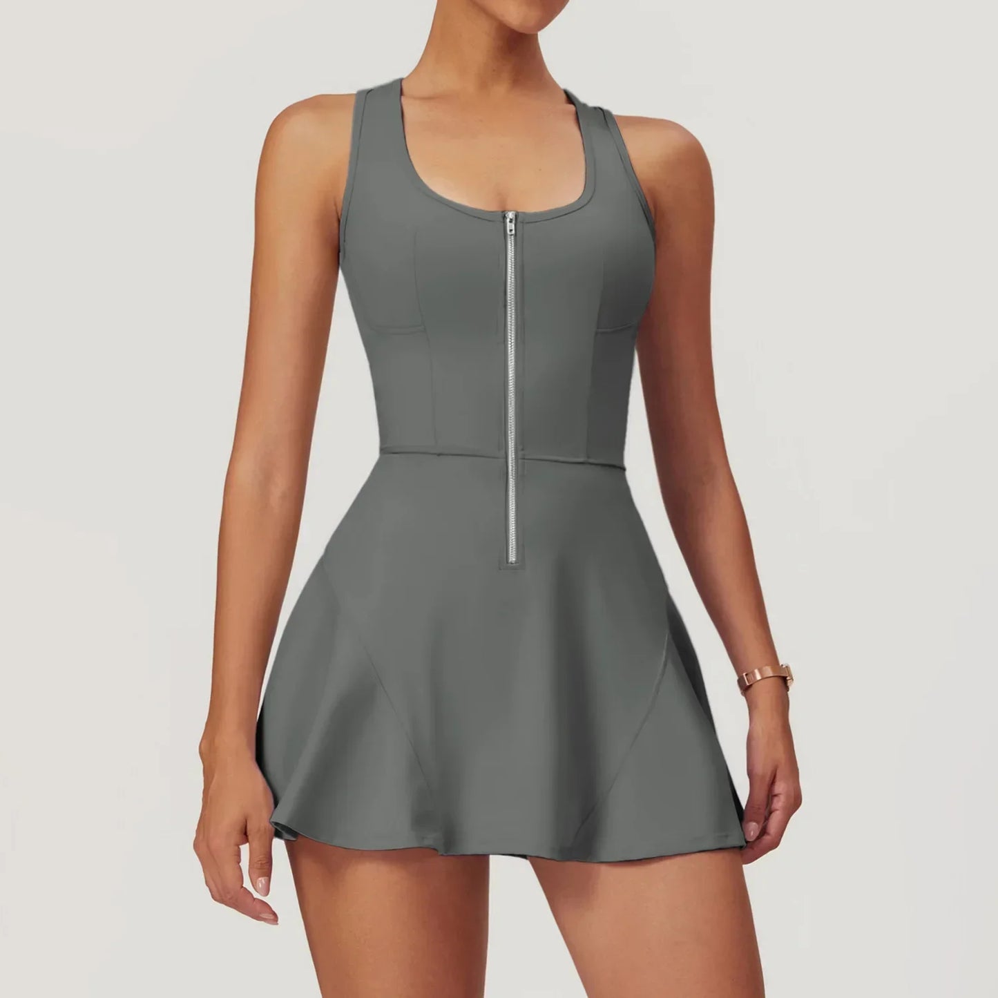 Women’s 2-in-1 Tennis Dress & Shorts Set – Sleeveless Half Zip Workout & Running Outfit