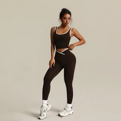 Gym Set Sports Two Pices Suit Fitness Vest Contrasting Color High Waist Leggings Sportswear Running Training Yoga Clothing