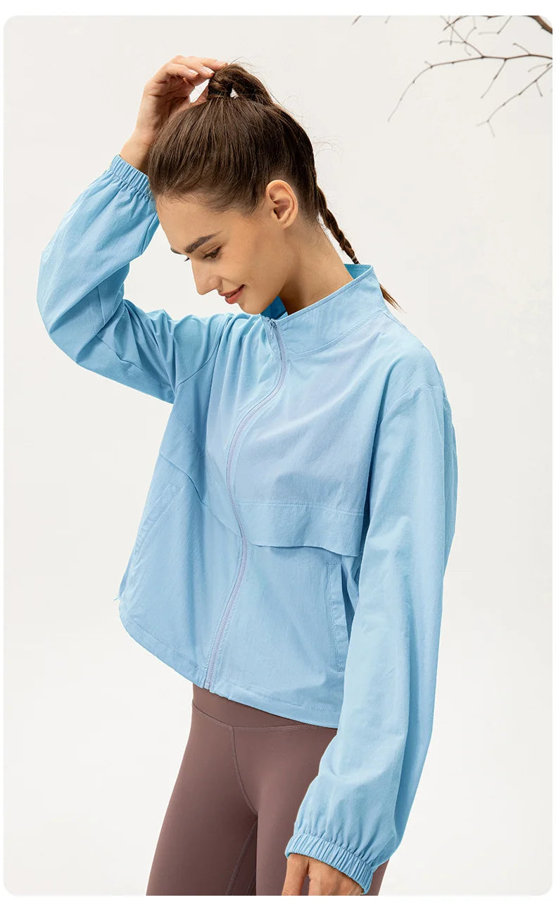 Women Loose Sports Wind Jacket Zip Up Stand Collar Lightweight Outdoor Yoga Running Fitness Workout Coat