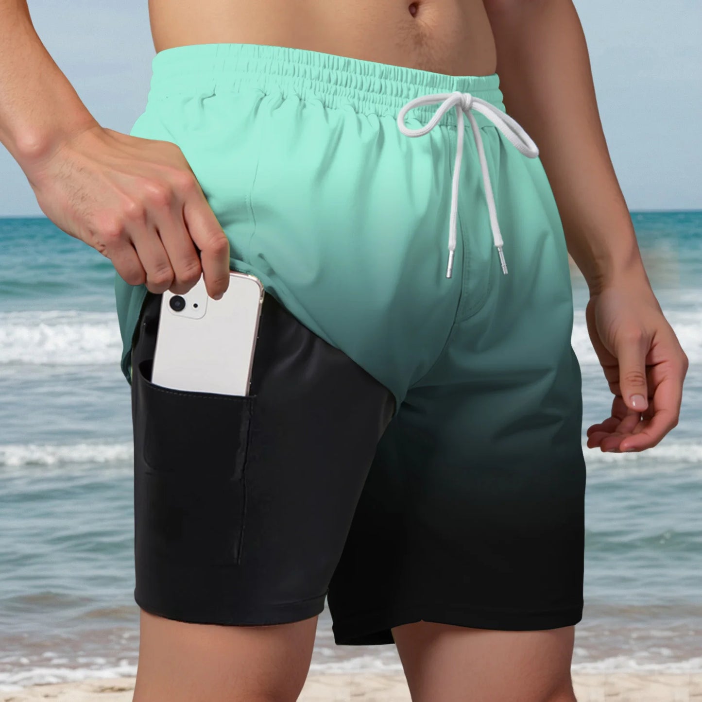 Men’s Double Layer Swim Trunks – Quick-Dry Gradient Shorts with Built-in Compression Liner