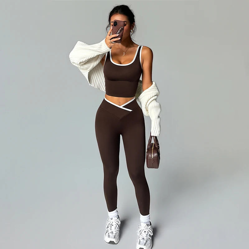 Gym Set Sports Two Pices Suit Fitness Vest Contrasting Color High Waist Leggings Sportswear Running Training Yoga Clothing
