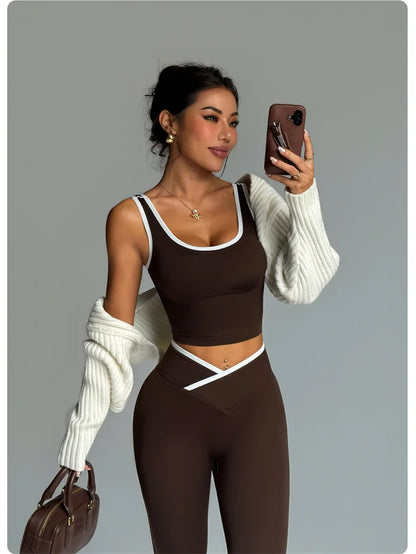 Gym Set Sports Two Pices Suit Fitness Vest Contrasting Color High Waist Leggings Sportswear Running Training Yoga Clothing