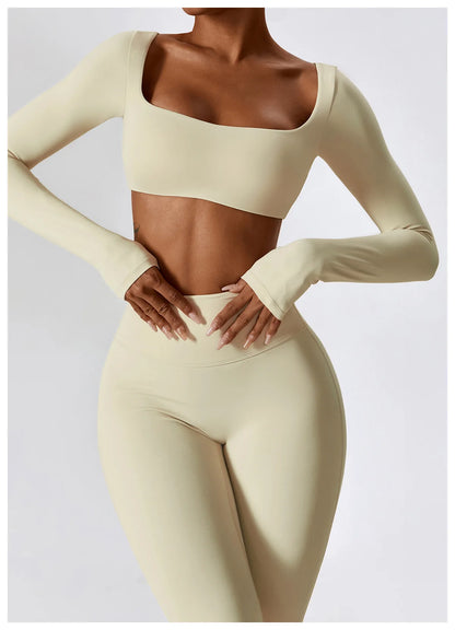 Women’s Seamless Activewear Set – Long Sleeve Crop Top & Sculpting Gym Leggings (2PCS)