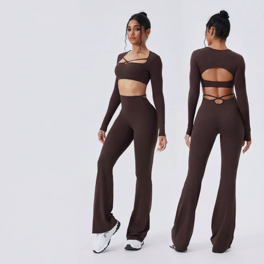 Women’s SculptFit Yoga Set – Long Sleeve Top & High-Waist Flared Pants (2-Piece Activewear)