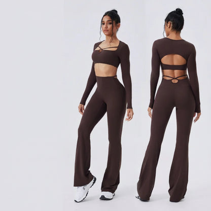 Women’s SculptFit Yoga Set – Long Sleeve Top & High-Waist Flared Pants (2-Piece Activewear)