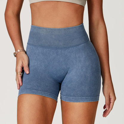 Women’s High Waist Sand Washed Gym Shorts – Sculpt & Lift Fit