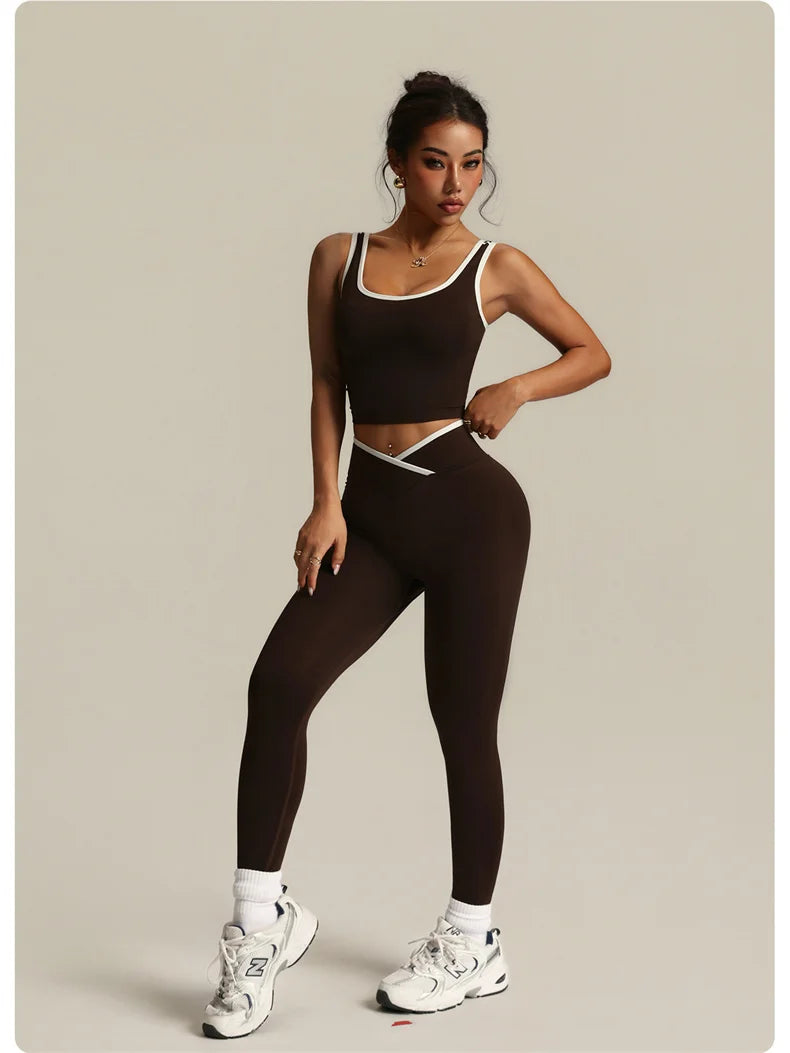 Gym Set Sports Two Pices Suit Fitness Vest Contrasting Color High Waist Leggings Sportswear Running Training Yoga Clothing