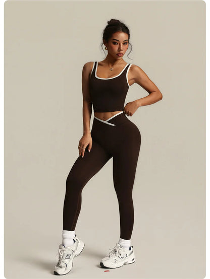 Gym Set Sports Two Pices Suit Fitness Vest Contrasting Color High Waist Leggings Sportswear Running Training Yoga Clothing