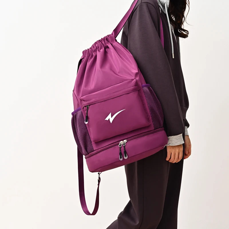 Lightweight Drawstring Gym Backpack with Shoe Compartment & Multi Pockets