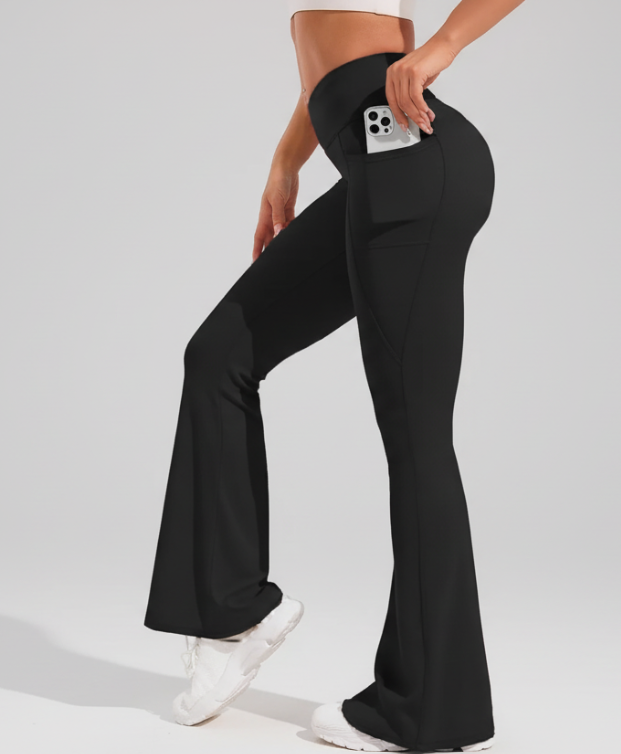 High Waist Flare Leg Yoga Pants Women with Pocket Push Up Butt  Running Tights Wide Leg Pants Gym Outdoor Cycling Leggings