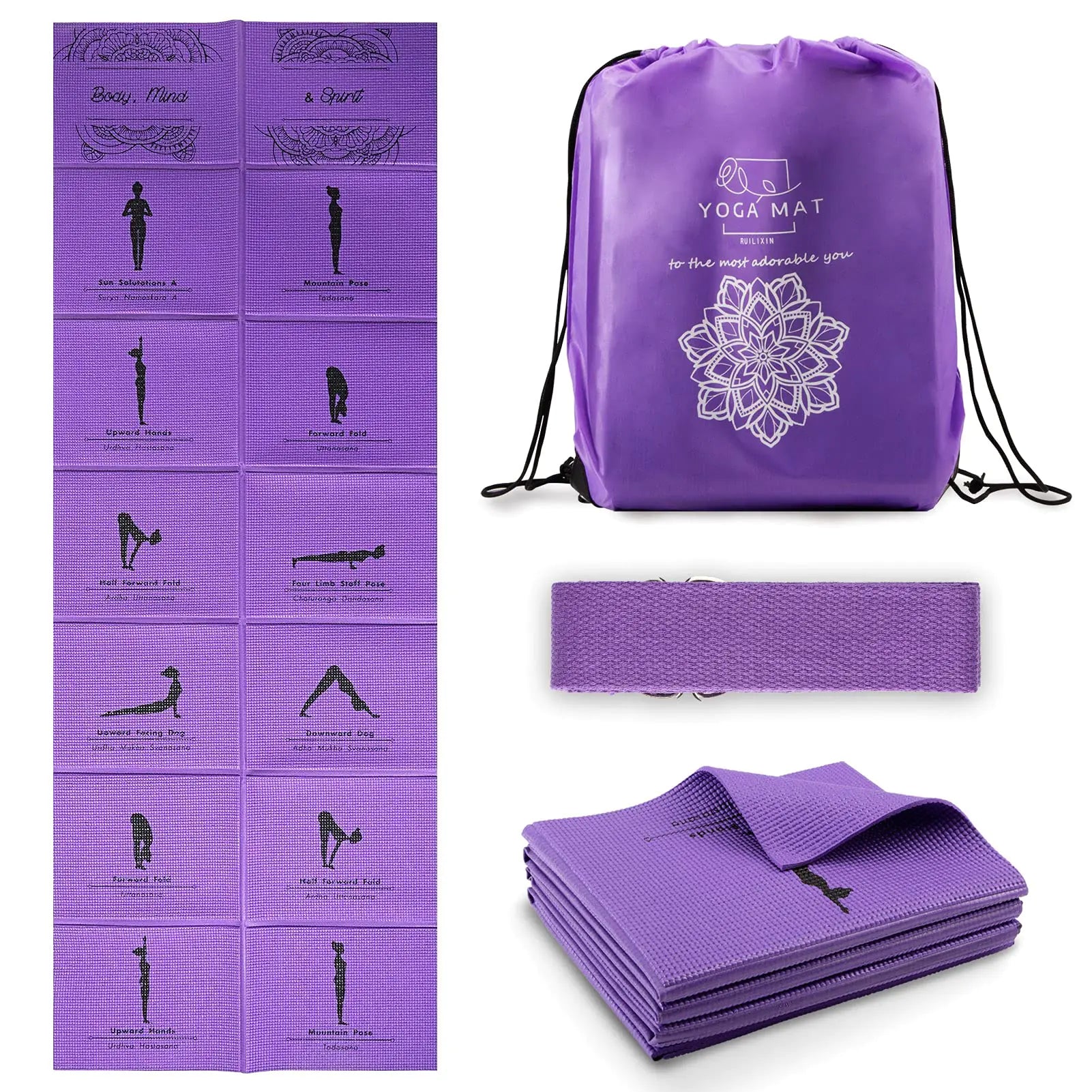 Foldable Yoga Mat for Women Non Slip Exercise Mat for Home Gym 5mm Travel Yoga Mats Set With Stretch Strap for Yoga Pilates and Fitness 68