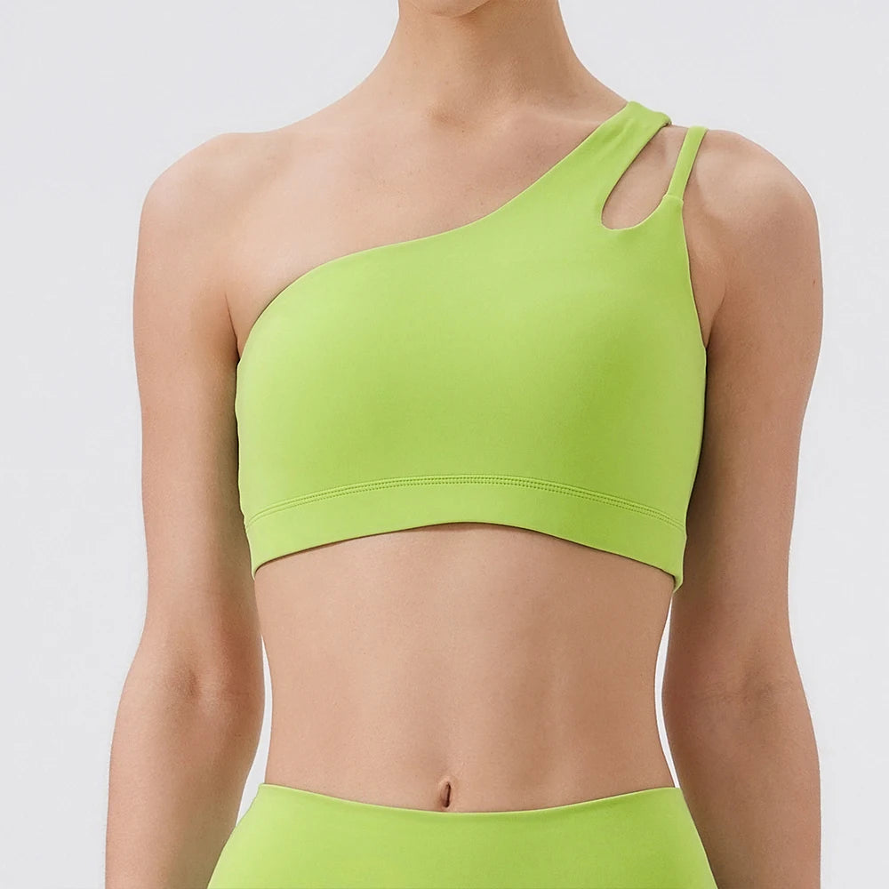 Women One Shoulder Sports Bra – Push Up Shockproof Yoga & Gym Workout Bra